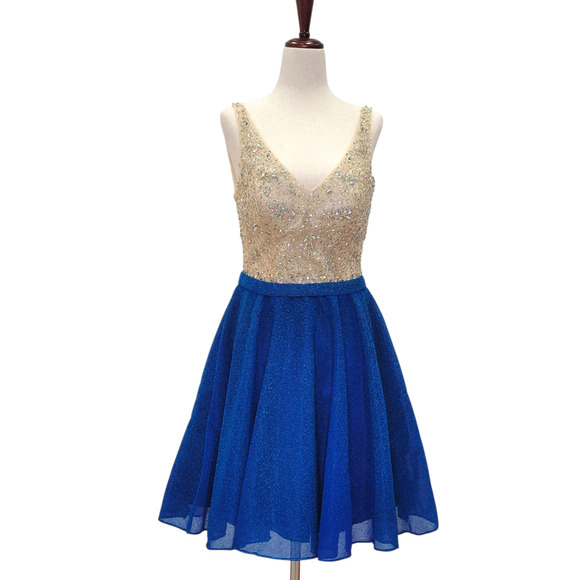 NWT Women's Blue and Gold Short Dress with Beautiful Detailed Gem Bodice - Picture 1 of 8